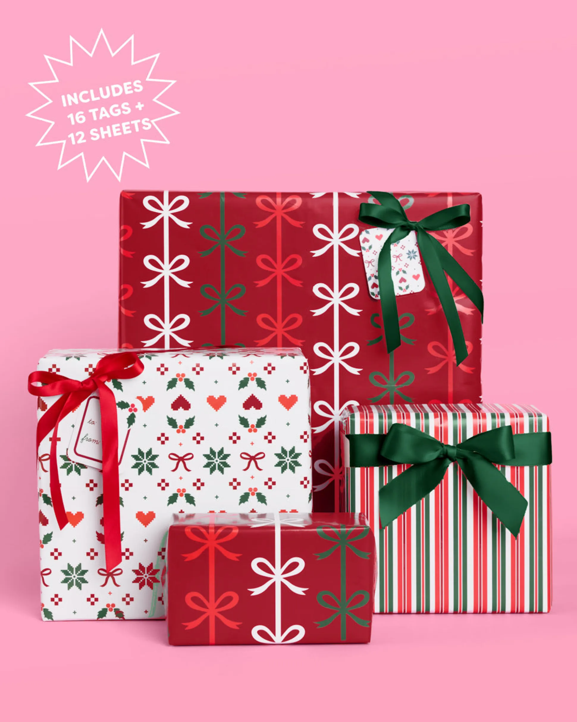 A Merry Mix Wrapping Paper Set - 12 sheets + 16 tags
