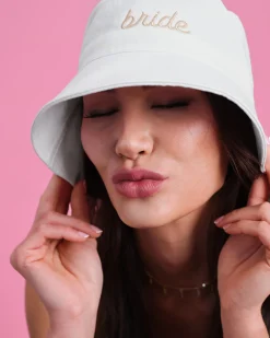 Beige Bride Bucket Hat - Embroidered Cotton Hat