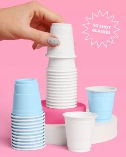 Blue + White Shot Glasses - 50 plastic shot glasses