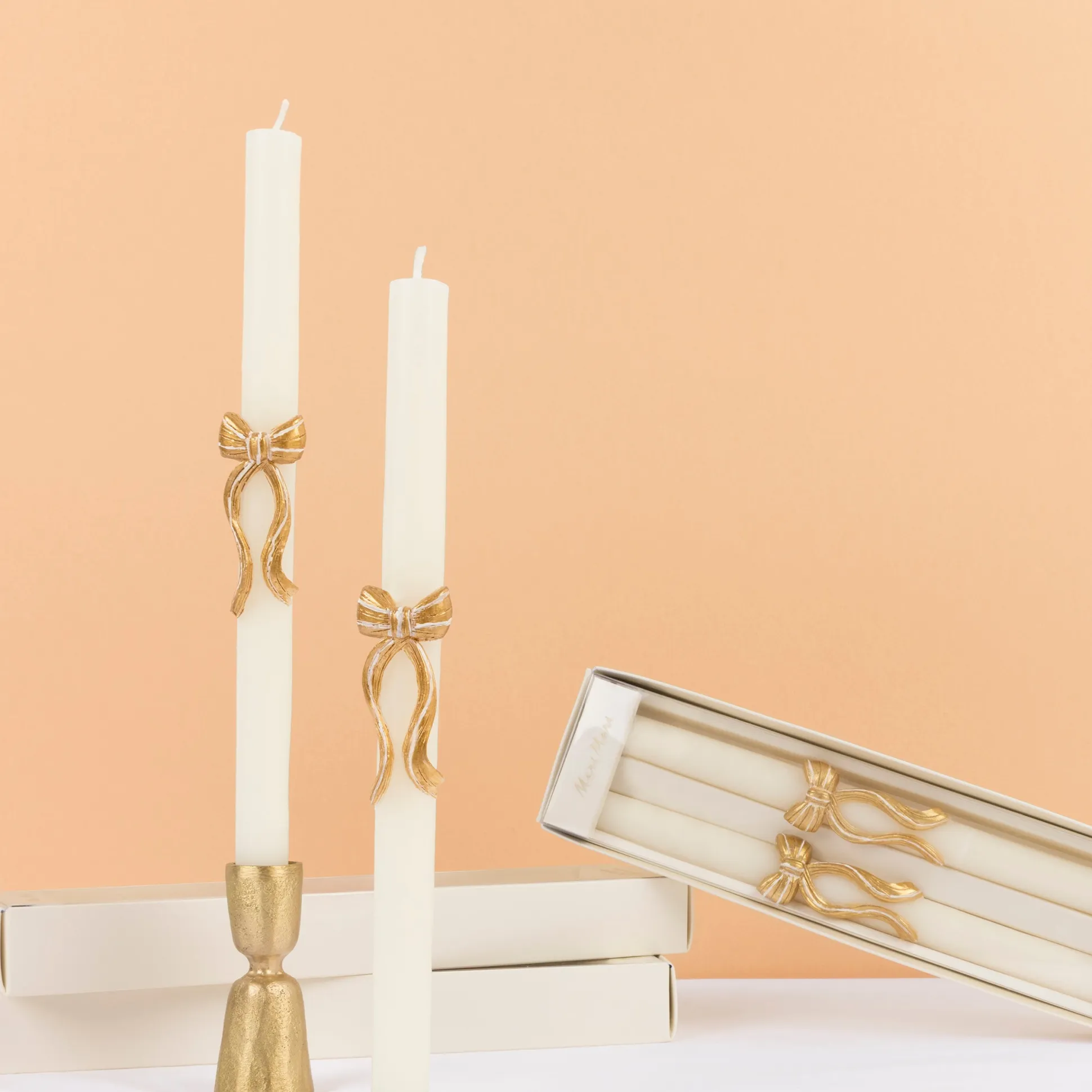 Gold Stripy Bow Table Candles, Pack of 2