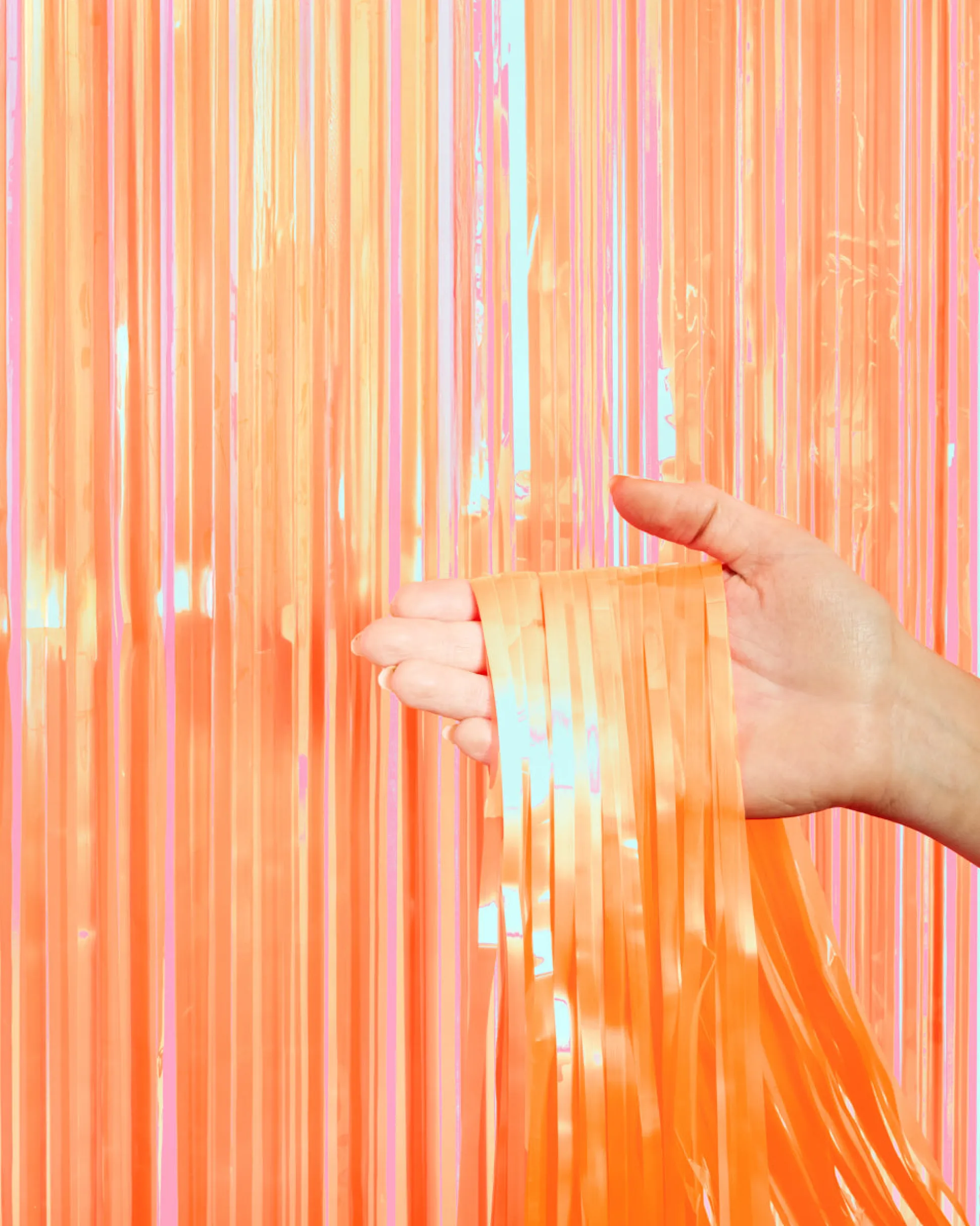 Orange Fringe Curtain Backdrop - iridescent foil banner