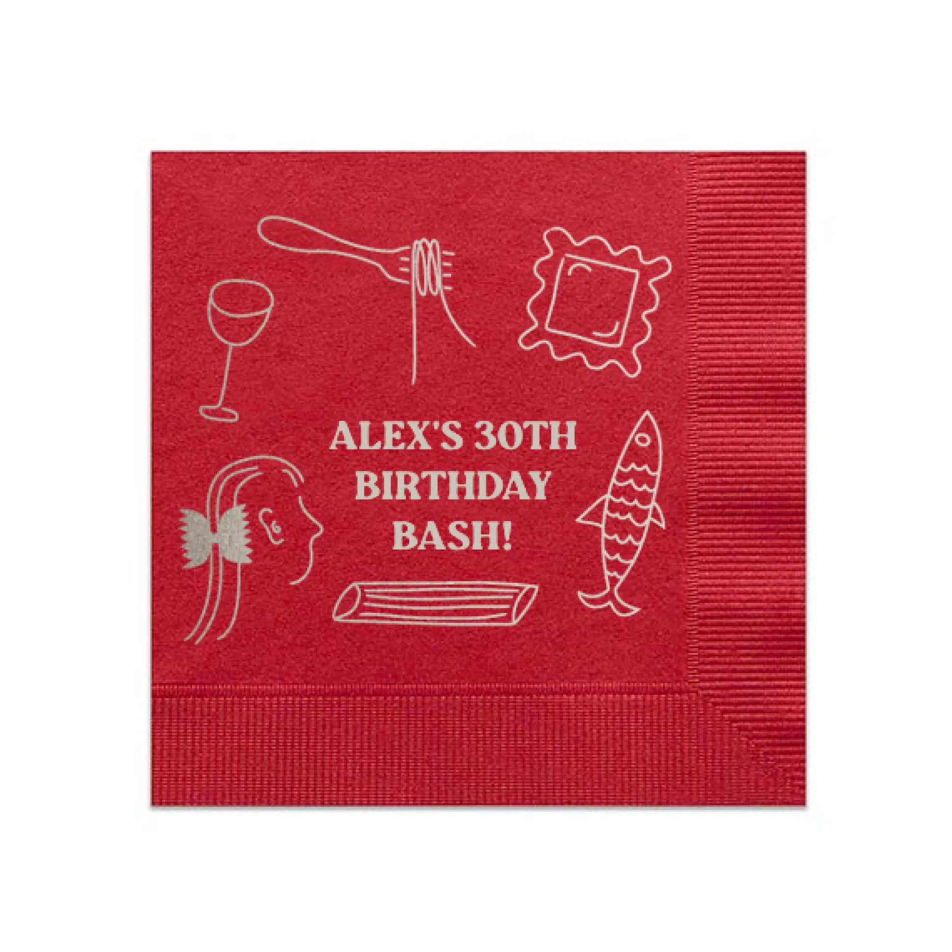 Pasta Party Hand-Drawn Napkin, Silver Foil