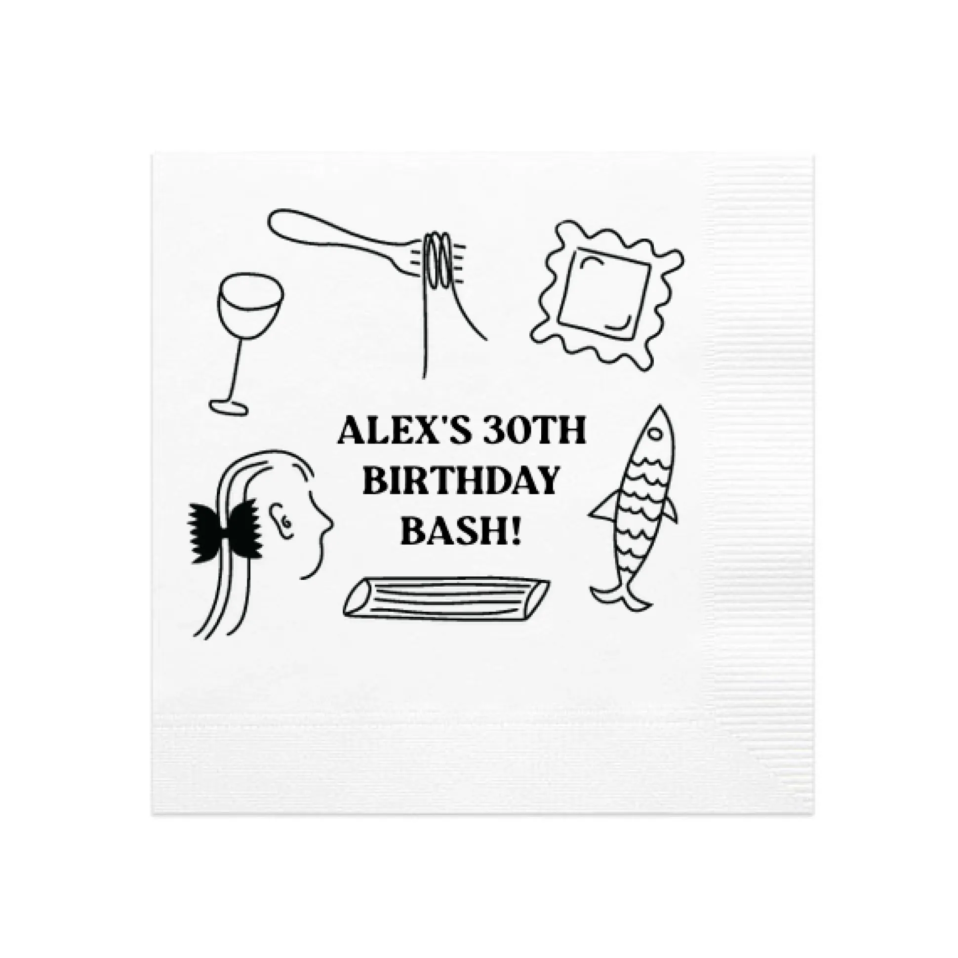 Pasta Party Hand-Drawn Napkin, Black Foil