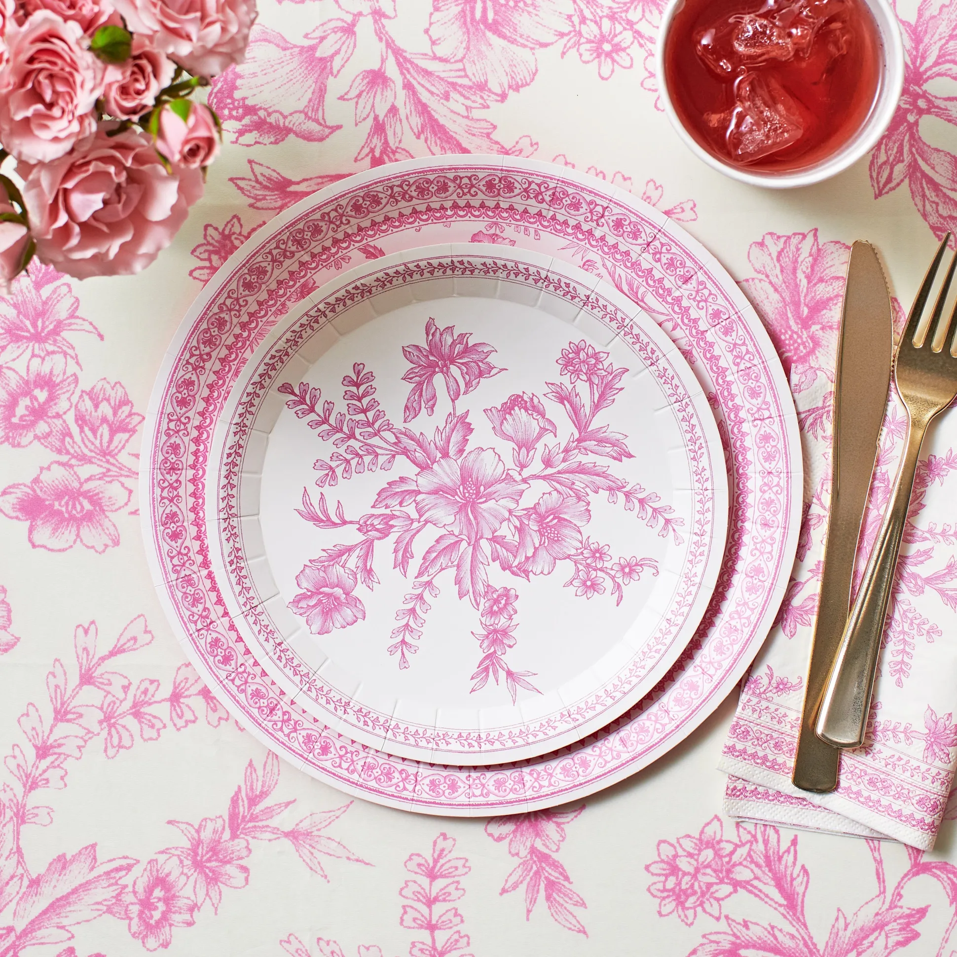 Pink Toile Paper Tablecloth