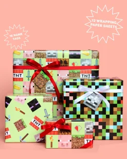Pixel Mining Wrapping Paper Set - 12 sheets + 16 tags