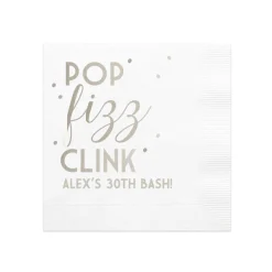 Pop Fizz Clink Personalized Cocktail Napkin, Silver Foil