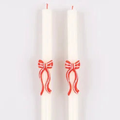 Red Stripy Bow Table Candles, Pack of 2