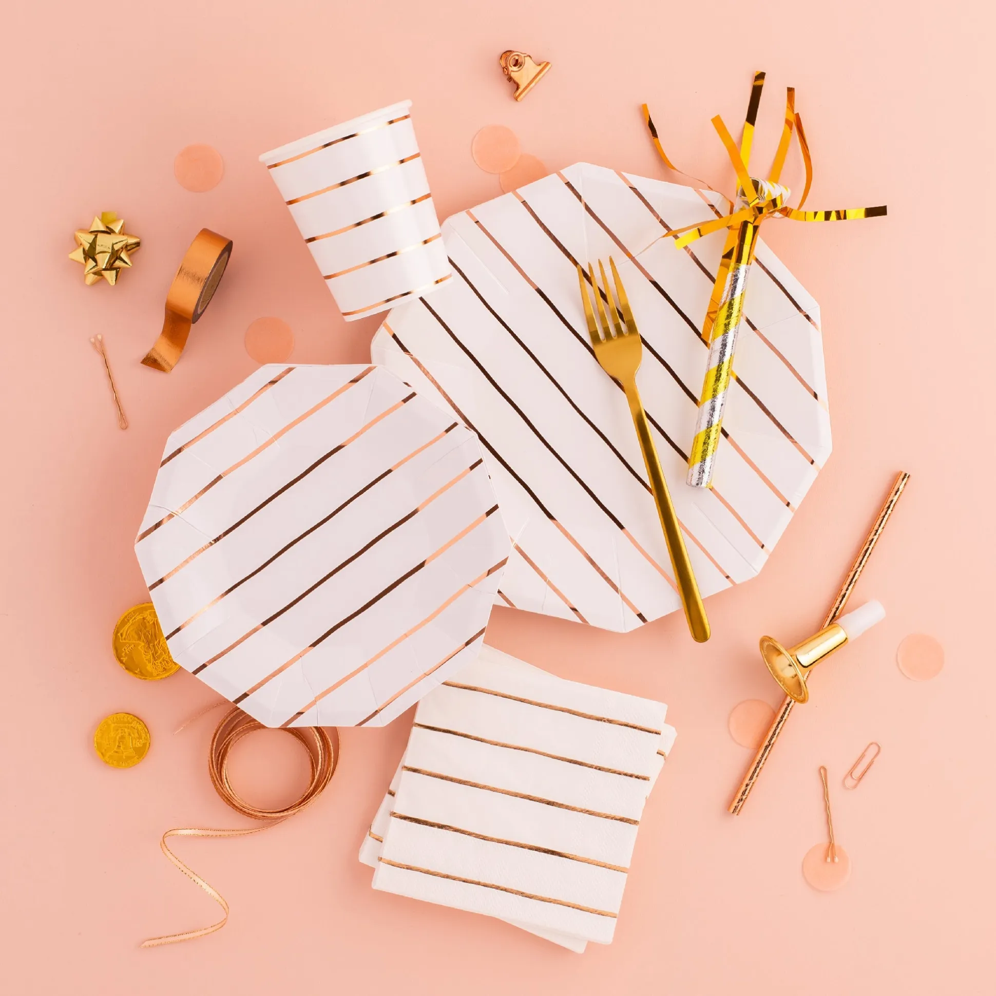 Rose Gold Frenchie Striped Large Plates, Pack of 8