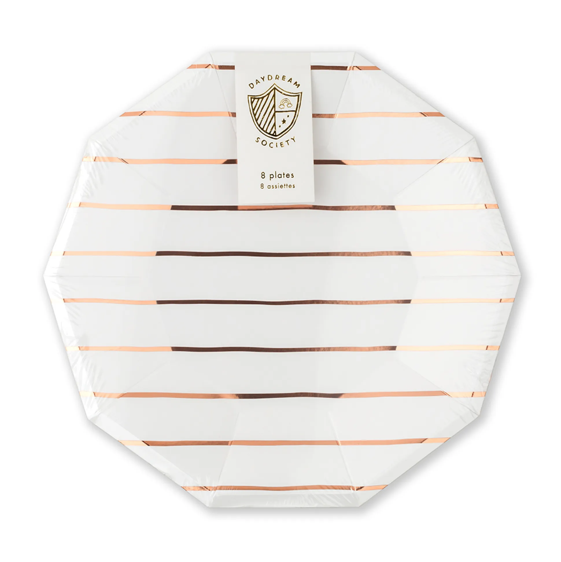 Rose Gold Frenchie Striped Large Plates, Pack of 8