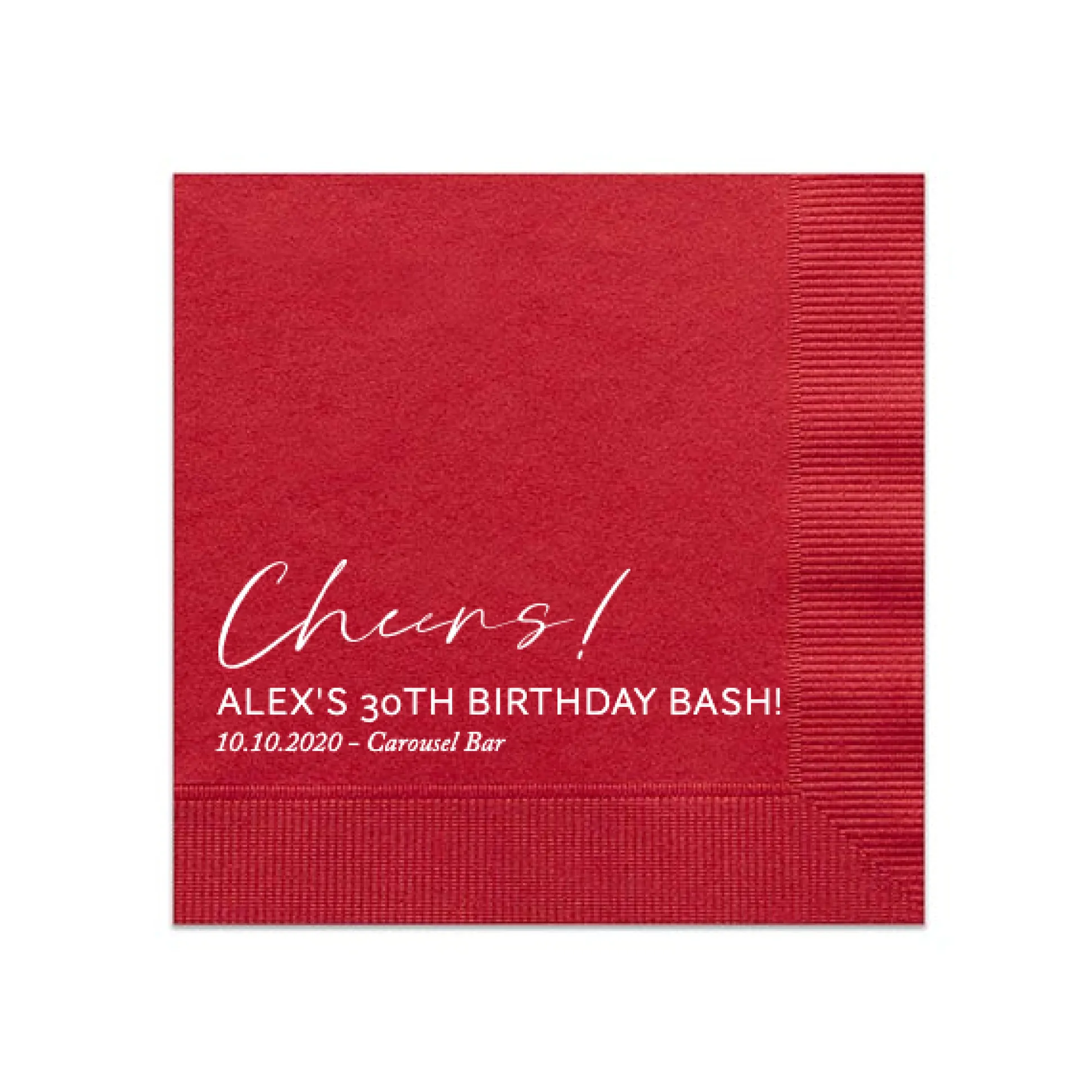 Script Cheers Names Napkin, White Foil